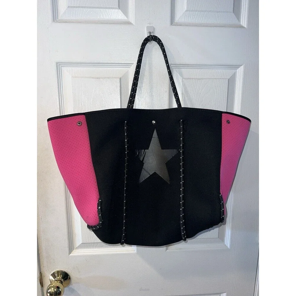 Neoprene Star Convertible Tote Bag Large With Detachable Cosmetic Bag Black Pink